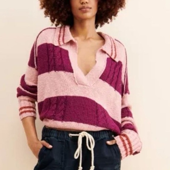 Free People Pembrook Striped Cable-Knit Moody Pink Oversized V-neck Sweater - Picture 2 of 5